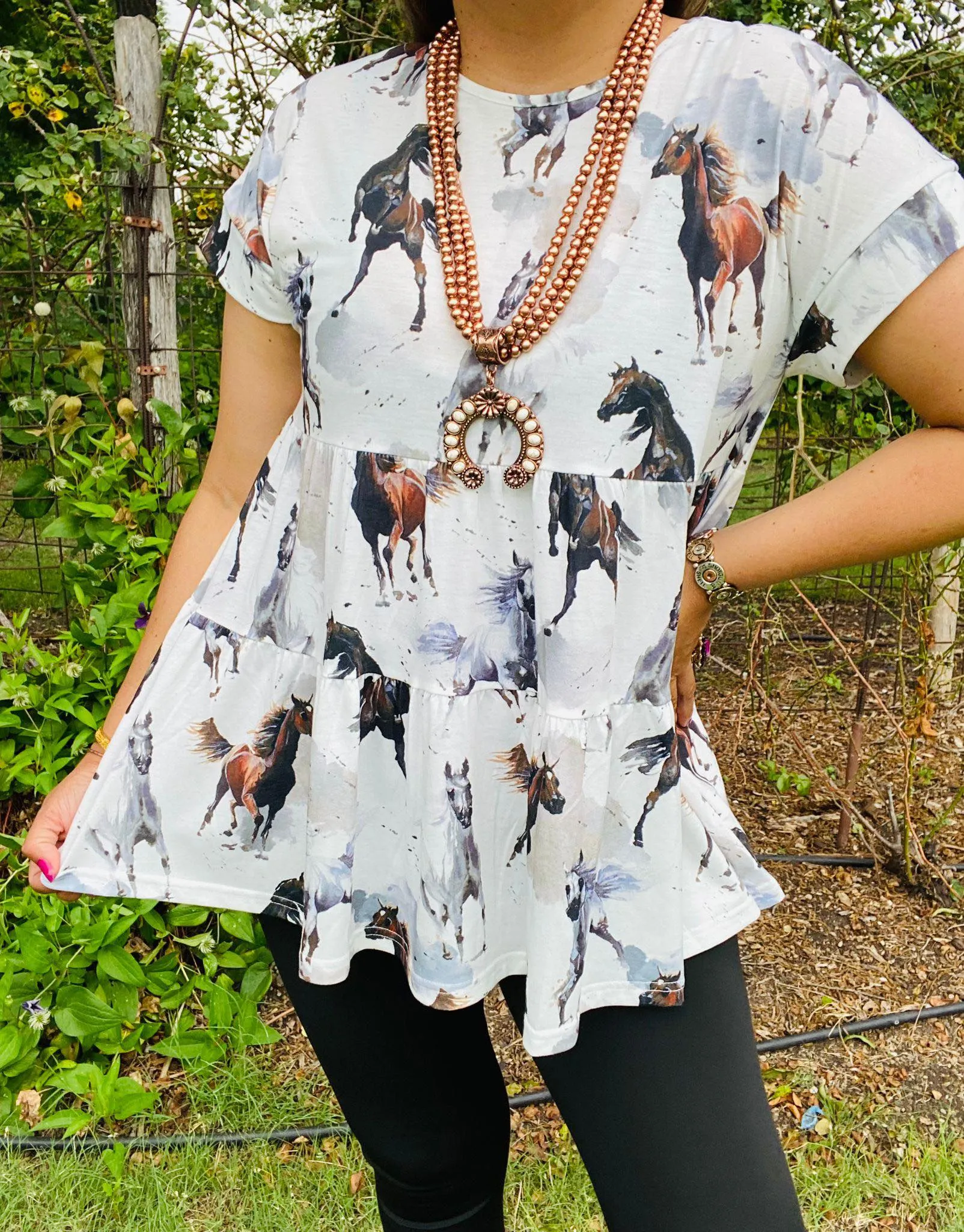 White Baby Doll Top with Horse print
