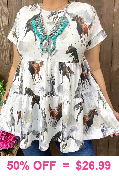 White Baby Doll Top with Horse print