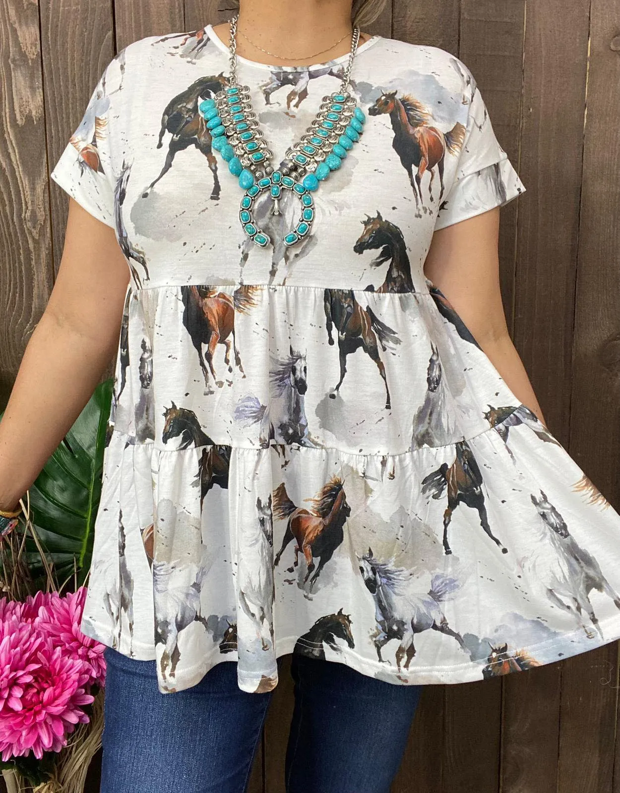 White Baby Doll Top with Horse print