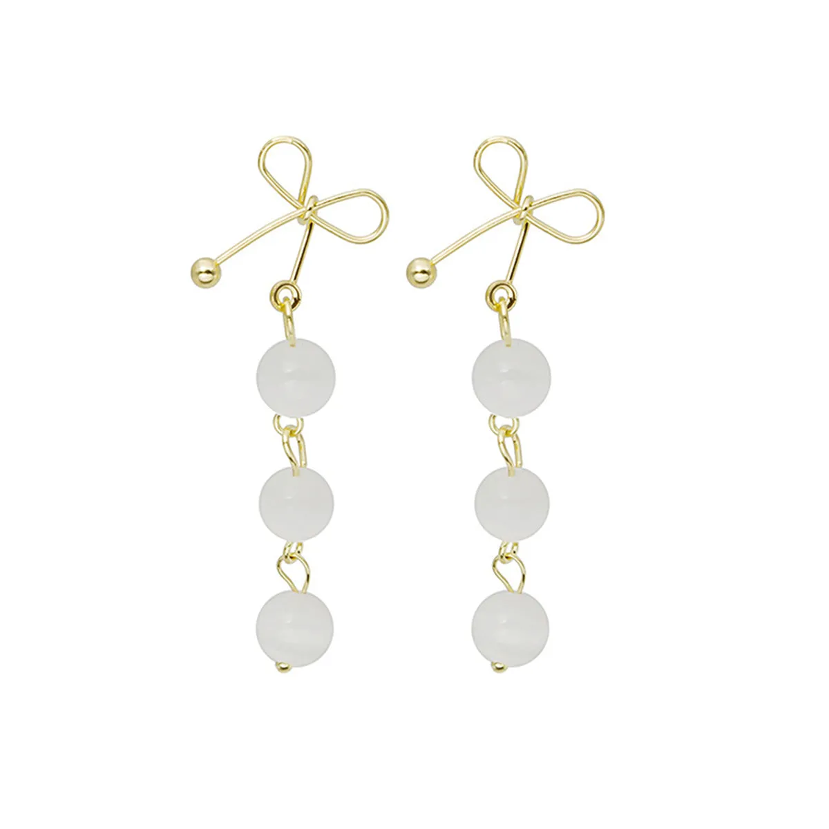 White Cat-Eye & 18K Gold-Plated Bow Triple Tier Round Drop Earrings