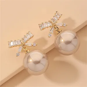 White Crystal & Pearl 18K Gold-Plated Bow Drop Earrings