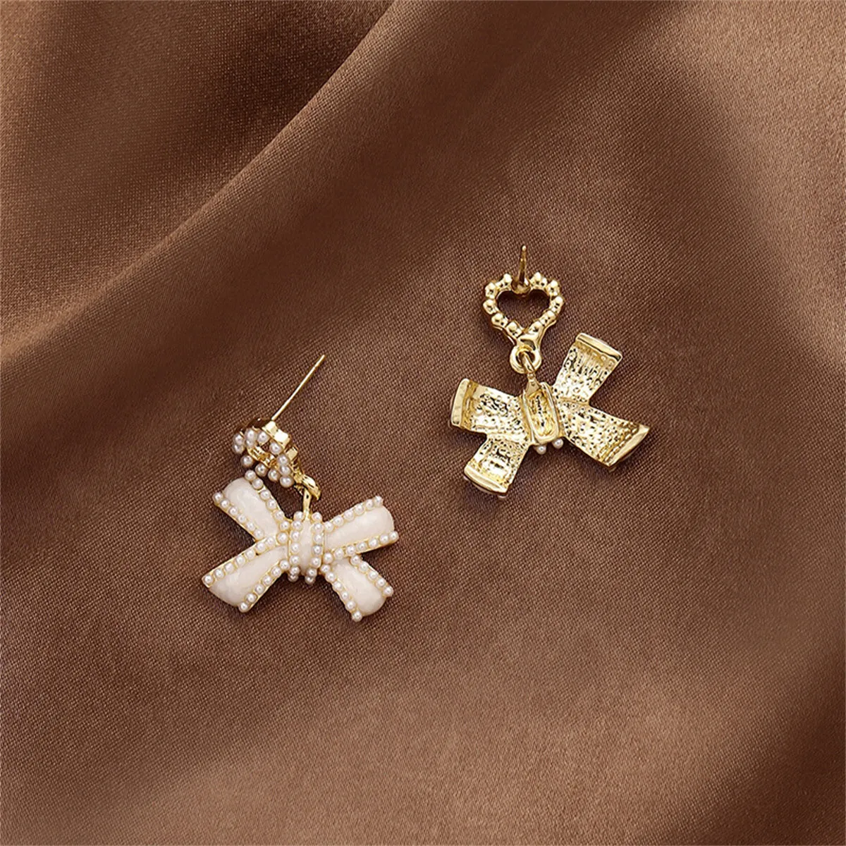 White Enamel & Pearl 18K Gold-Plated Heart Bow Drop Earrings