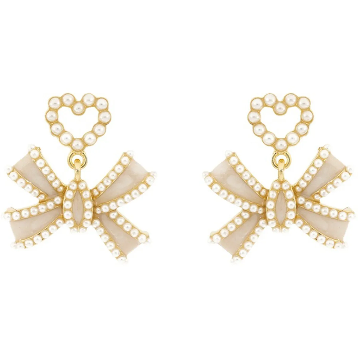 White Enamel & Pearl 18K Gold-Plated Heart Bow Drop Earrings