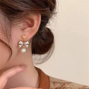 White Enamel & Pearl 18K Gold-Plated Heart Bow Drop Earrings