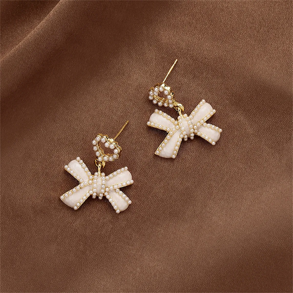 White Enamel & Pearl 18K Gold-Plated Heart Bow Drop Earrings