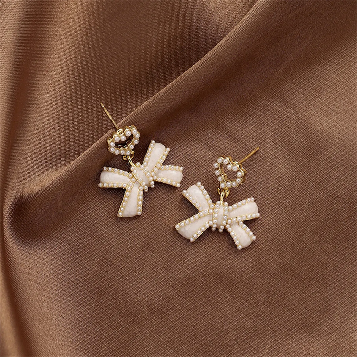 White Enamel & Pearl 18K Gold-Plated Heart Bow Drop Earrings