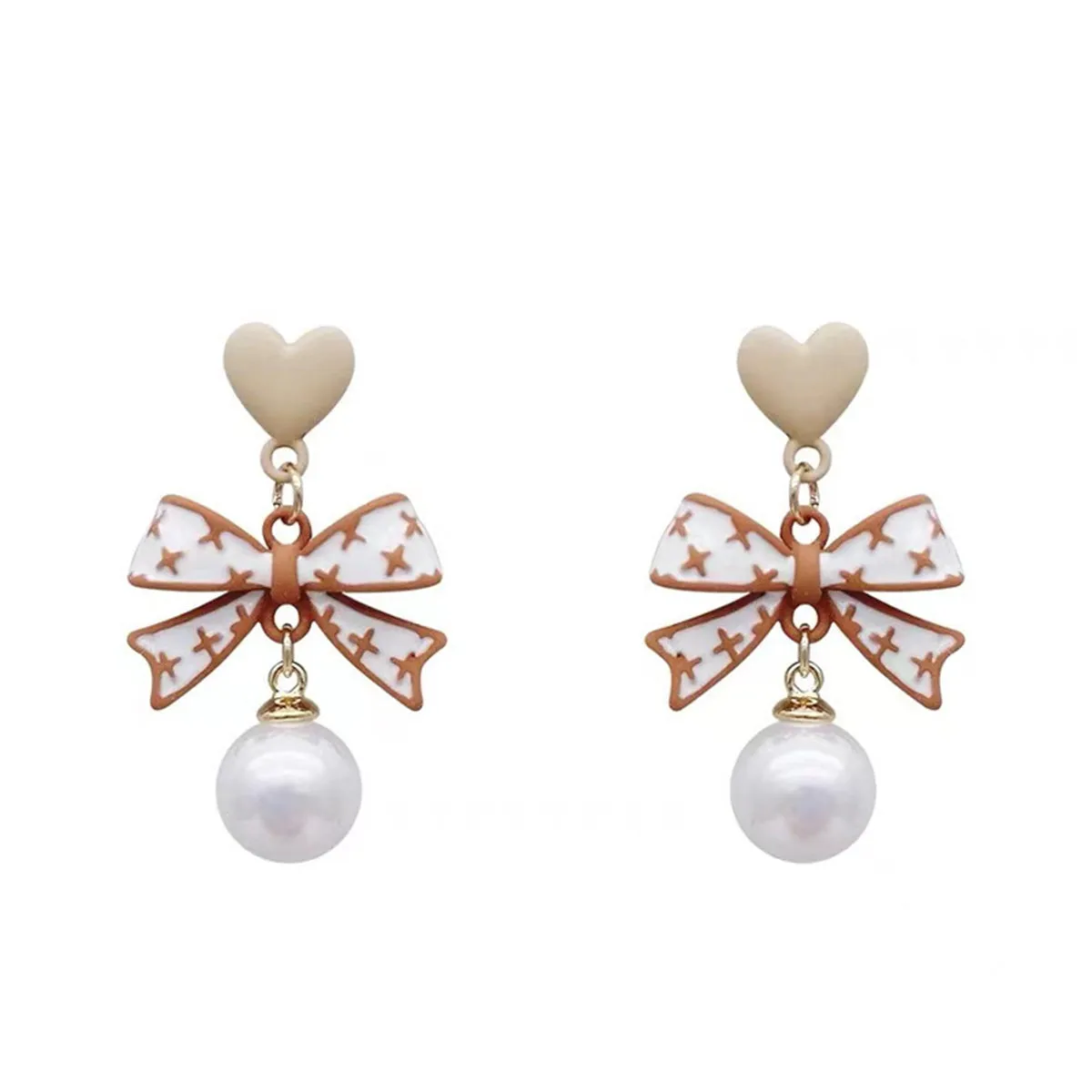 White Enamel & Pearl 18K Gold-Plated Heart Bow Drop Earrings