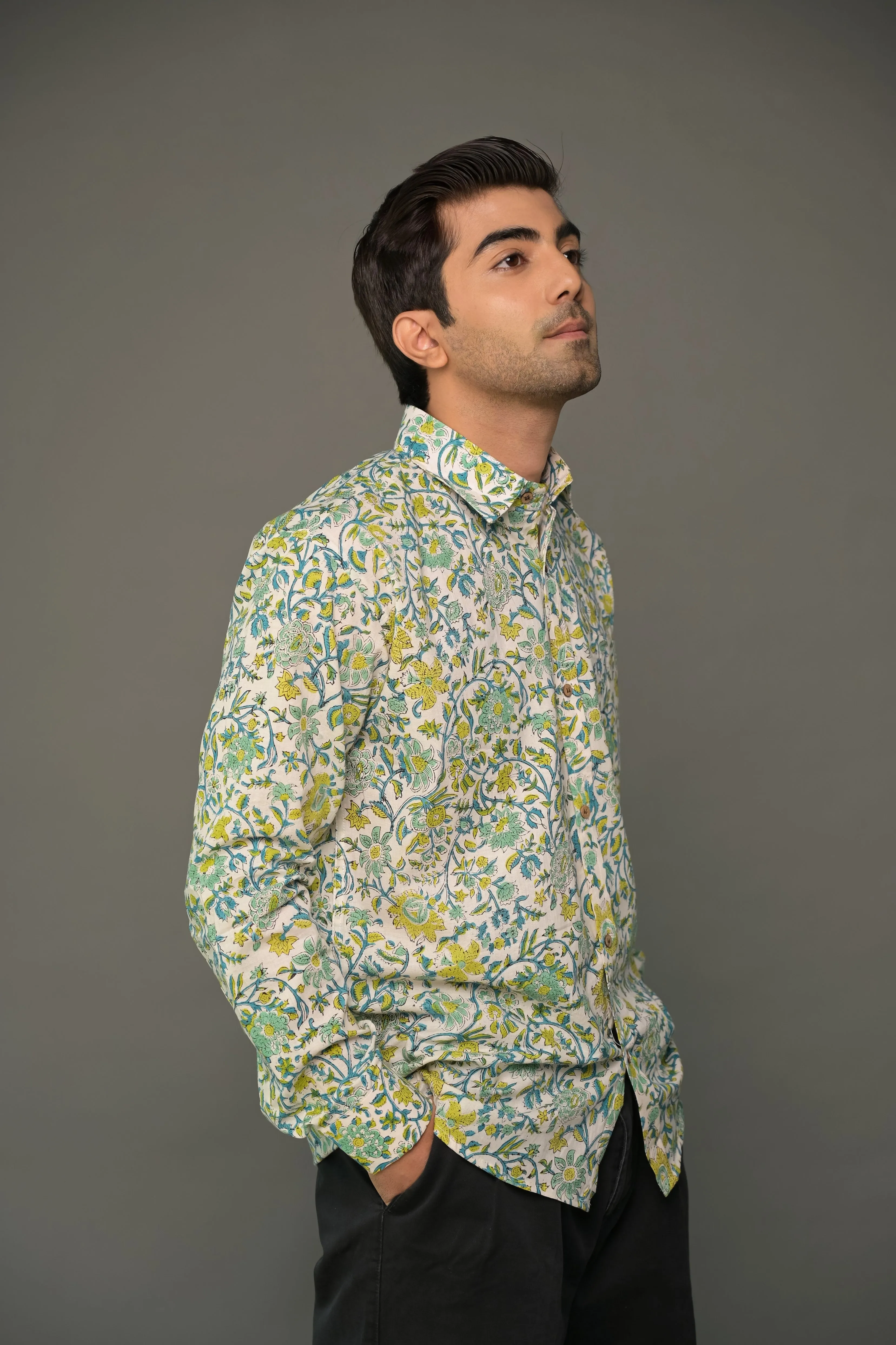White Green Jaal Floral Shirt
