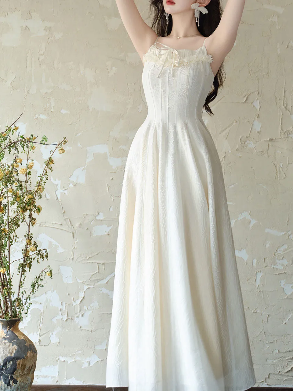 White Jacquard Acetate Sling Ruffle Wedding Maxi Dress and Bow Cardigan