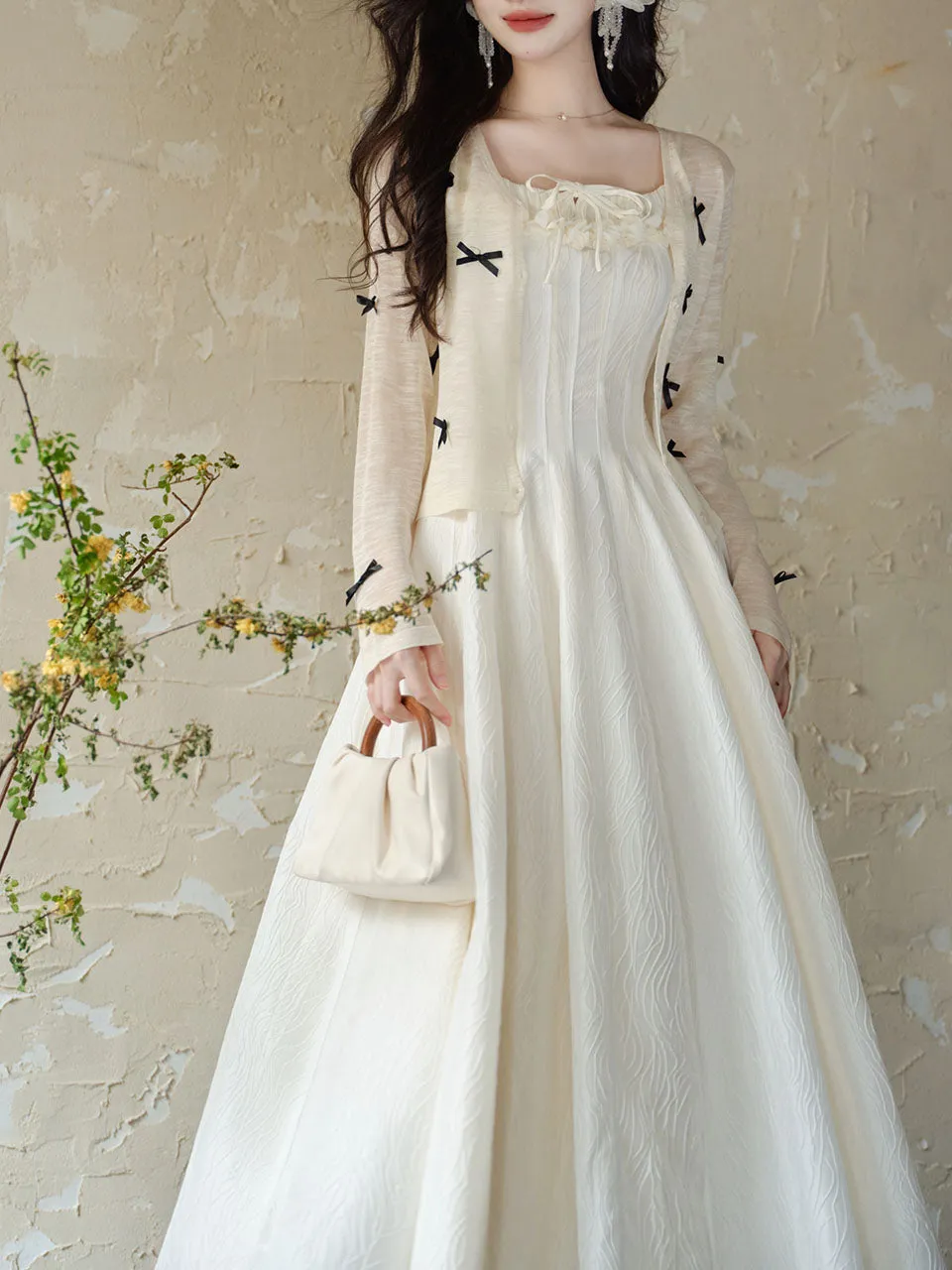 White Jacquard Acetate Sling Ruffle Wedding Maxi Dress and Bow Cardigan