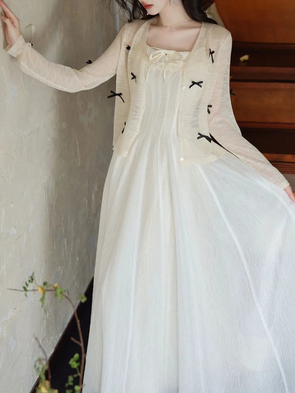 White Jacquard Acetate Sling Ruffle Wedding Maxi Dress and Bow Cardigan