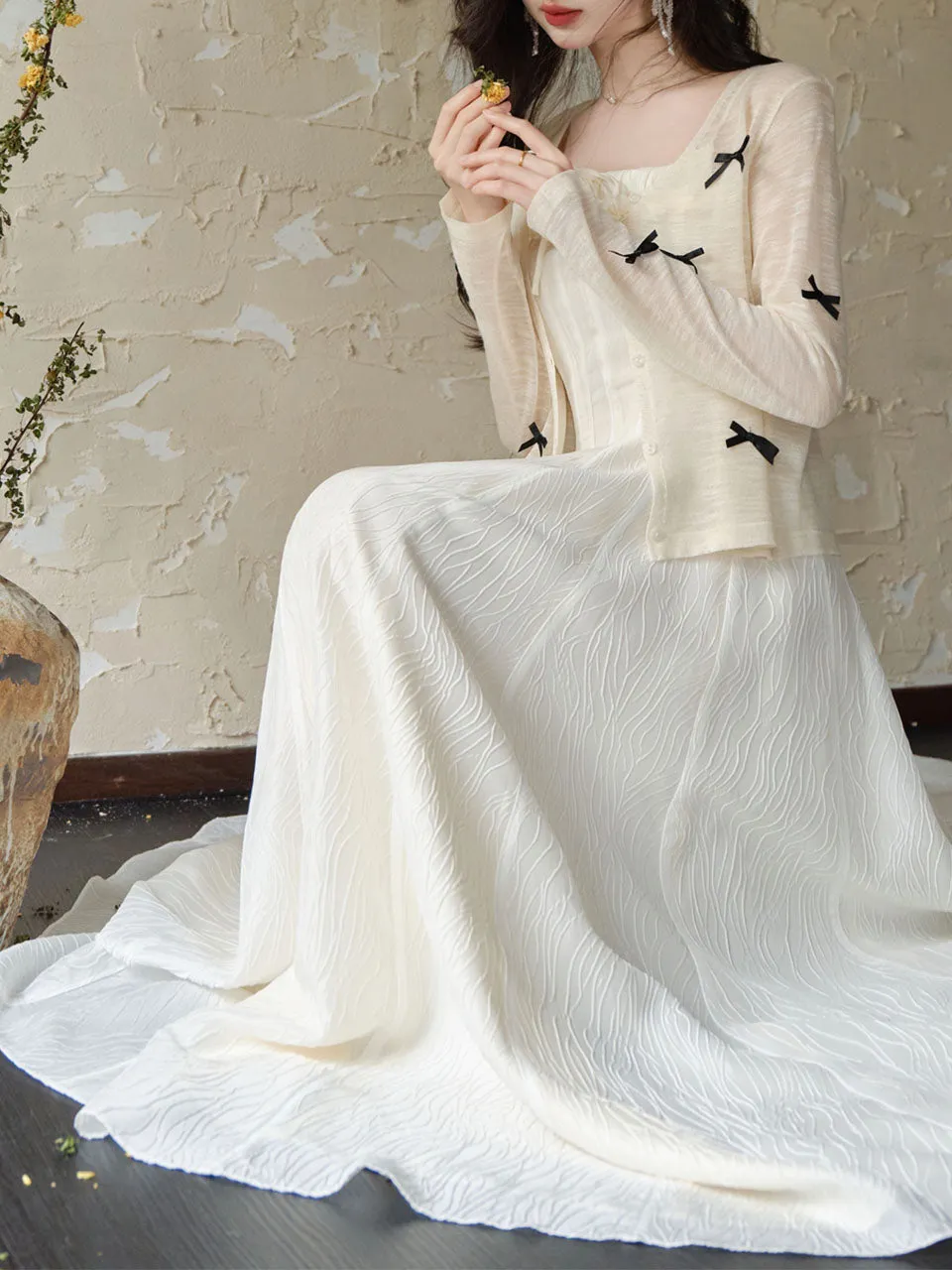 White Jacquard Acetate Sling Ruffle Wedding Maxi Dress and Bow Cardigan