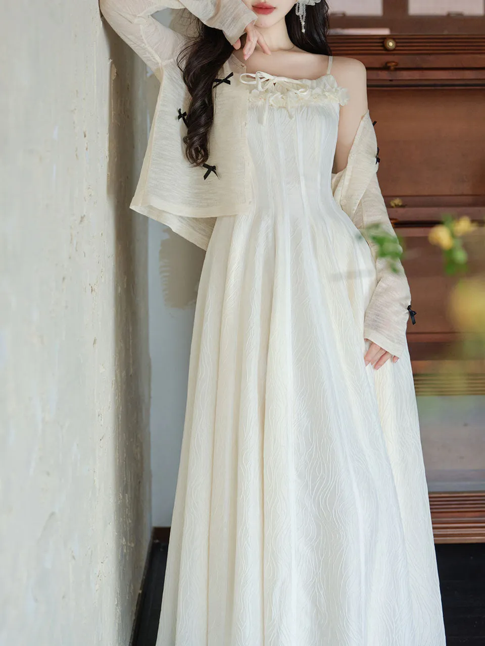 White Jacquard Acetate Sling Ruffle Wedding Maxi Dress and Bow Cardigan