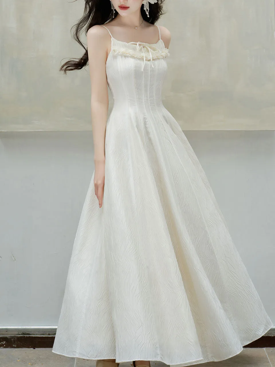 White Jacquard Acetate Sling Ruffle Wedding Maxi Dress and Bow Cardigan