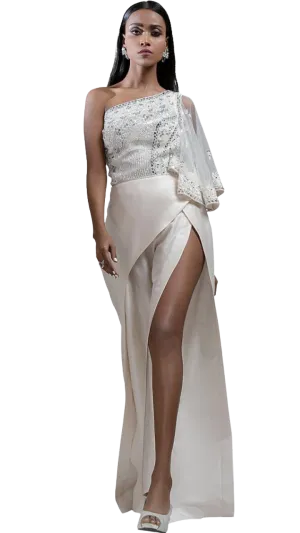 White Mirror Embroidered One-Shoulder Jumpsuit