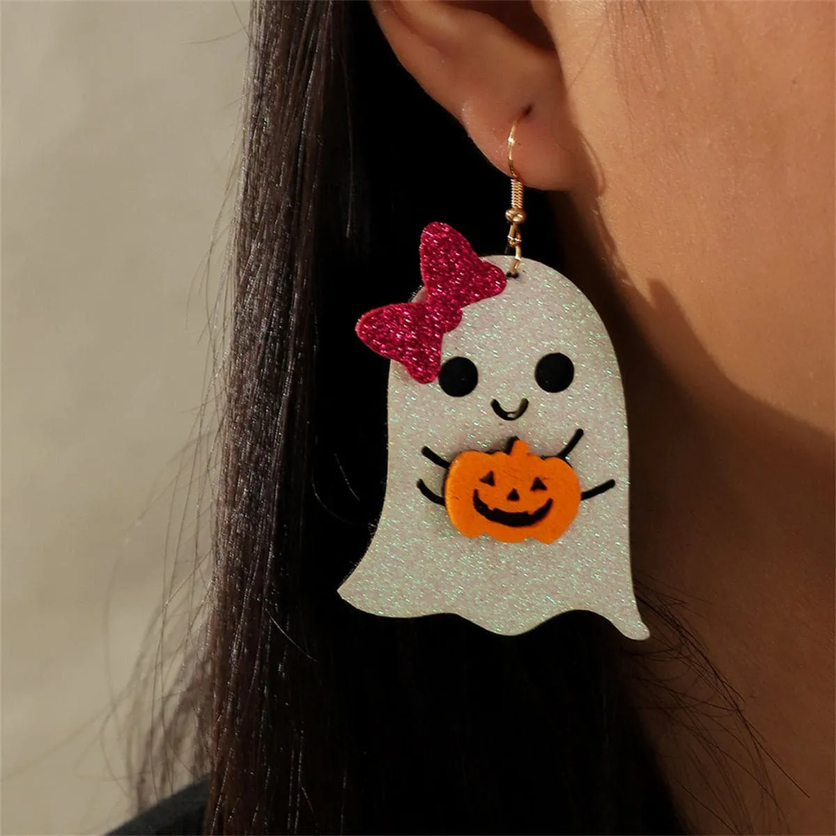 White Polystyrene & 18K Gold-Plated Bow Ghost Pumpkin Drop Earrings
