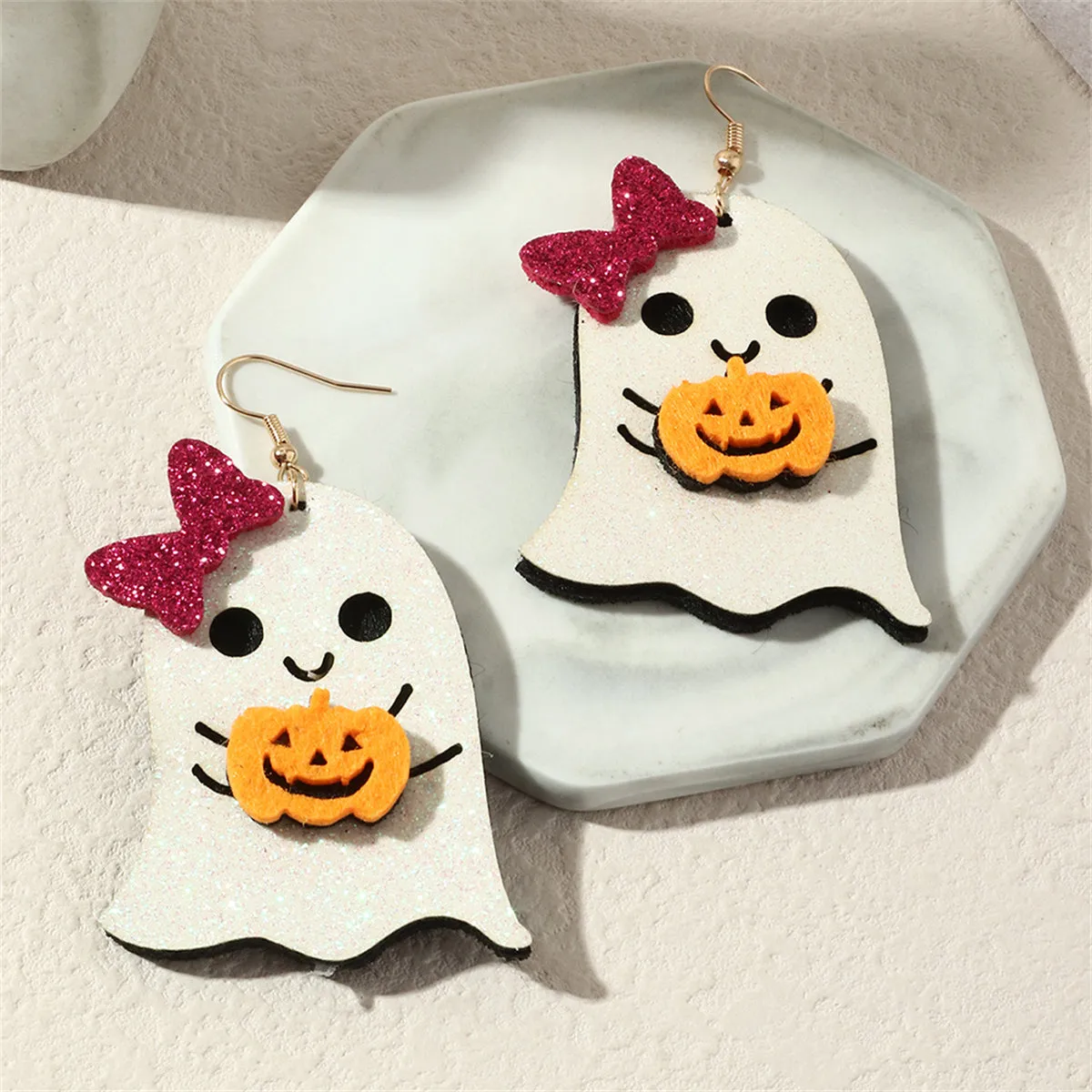 White Polystyrene & 18K Gold-Plated Bow Ghost Pumpkin Drop Earrings
