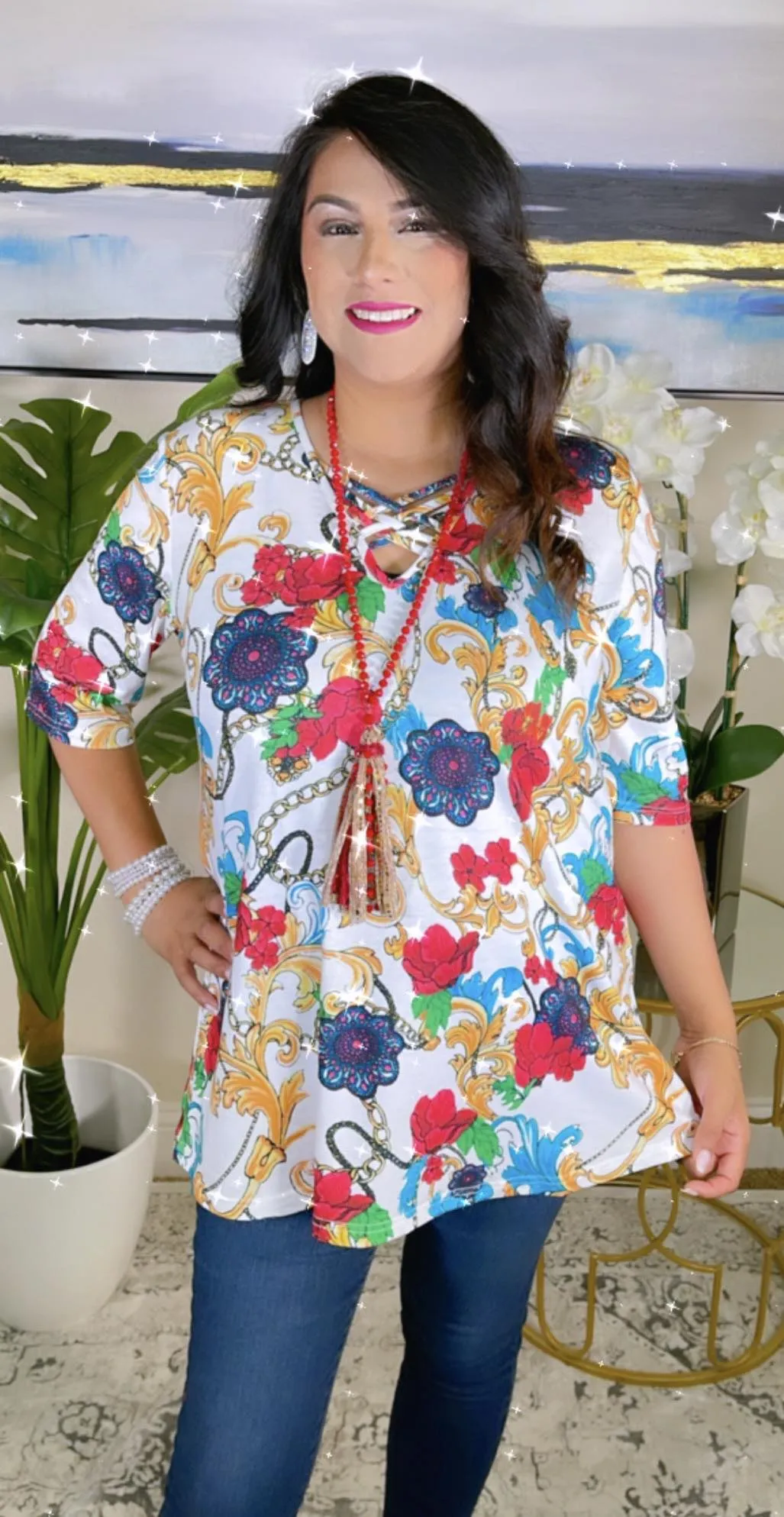 White Top with floral scroll print criss cross neck