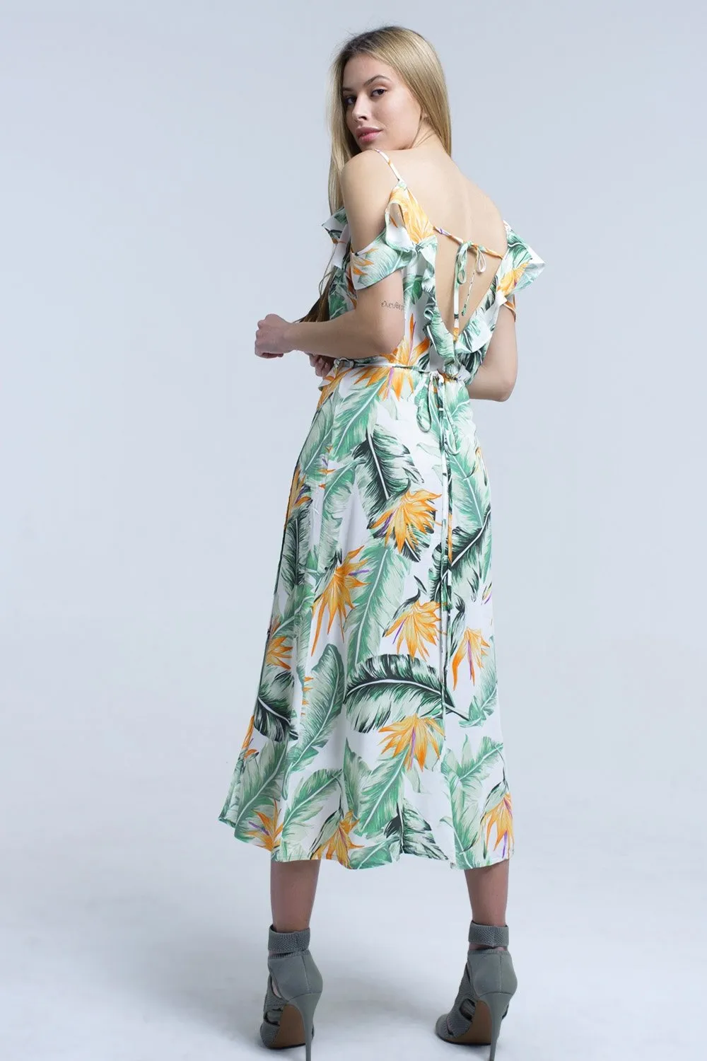 White  Tropical Leaves Midi Dress