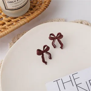 Wine Red Enamel & Pearl Bow Stud Earrings
