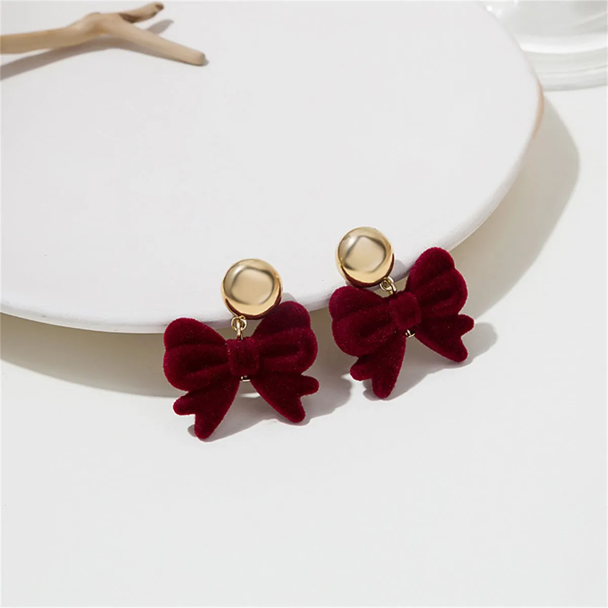 Wine Red Nylon & 18K Gold-Plated Bow Drop Earrings