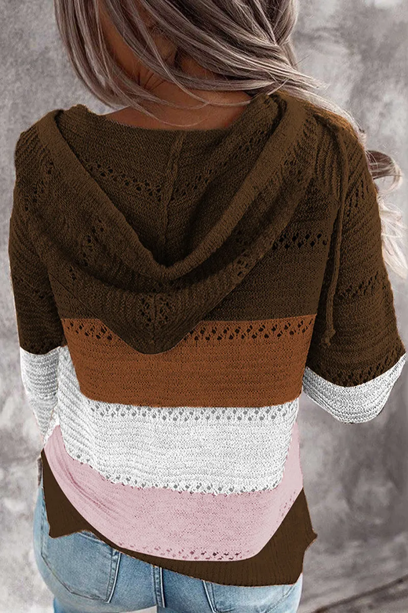 Wisherryy Fashion Hooded Leopard Stitched Knit Sweater