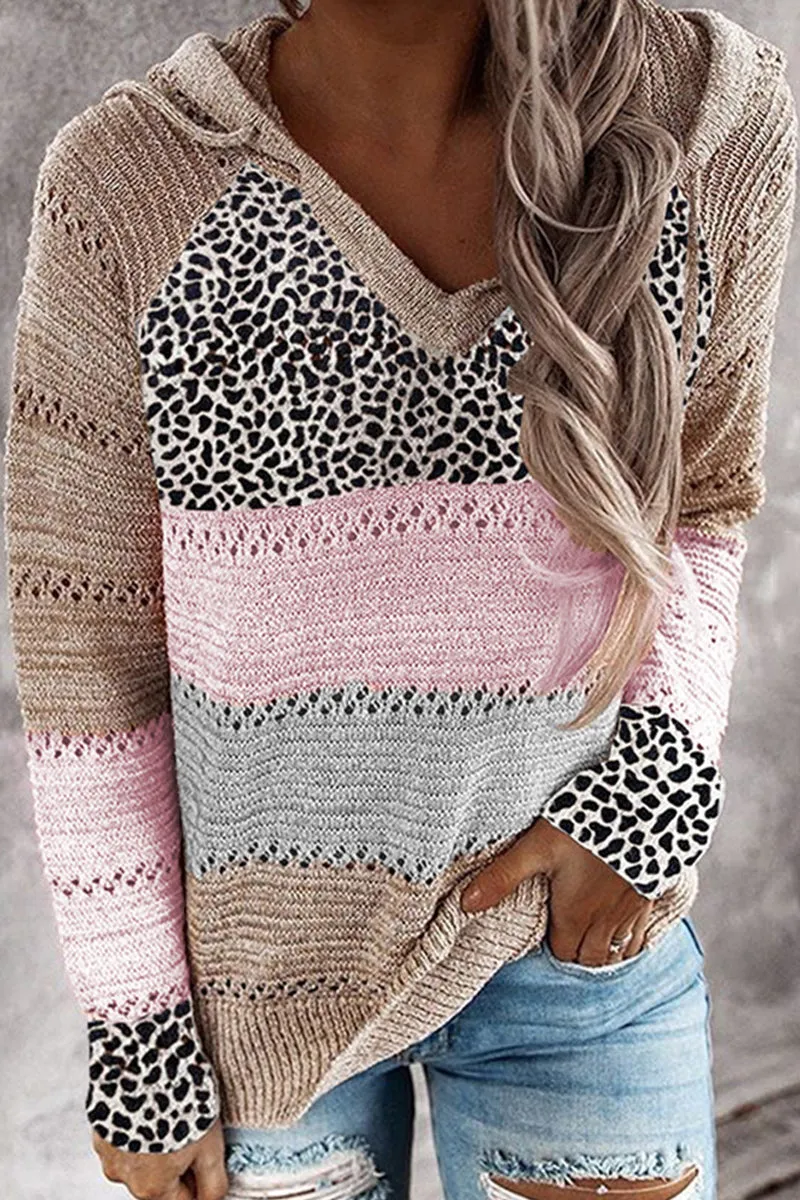 Wisherryy Fashion Hooded Leopard Stitched Knit Sweater