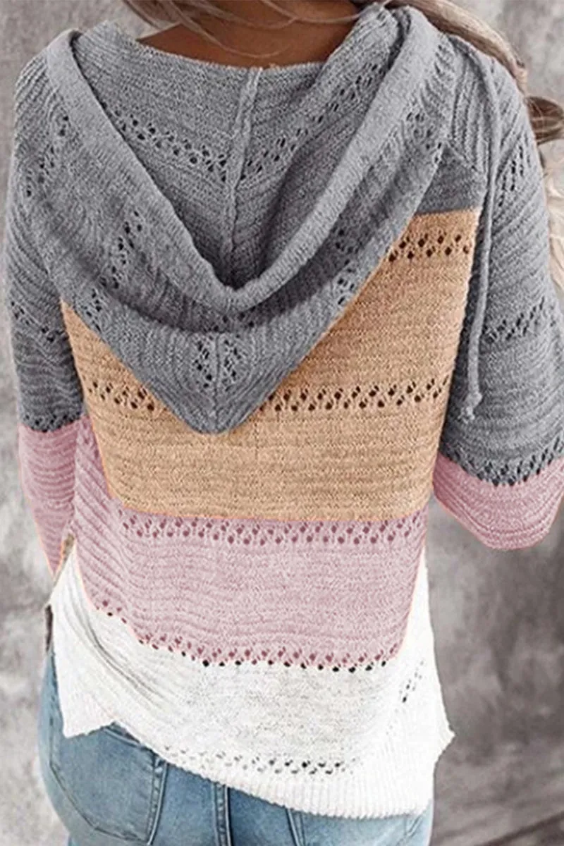 Wisherryy Fashion Hooded Leopard Stitched Knit Sweater