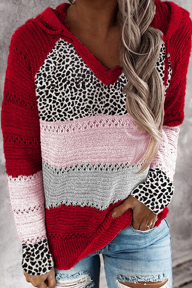 Wisherryy Fashion Hooded Leopard Stitched Knit Sweater