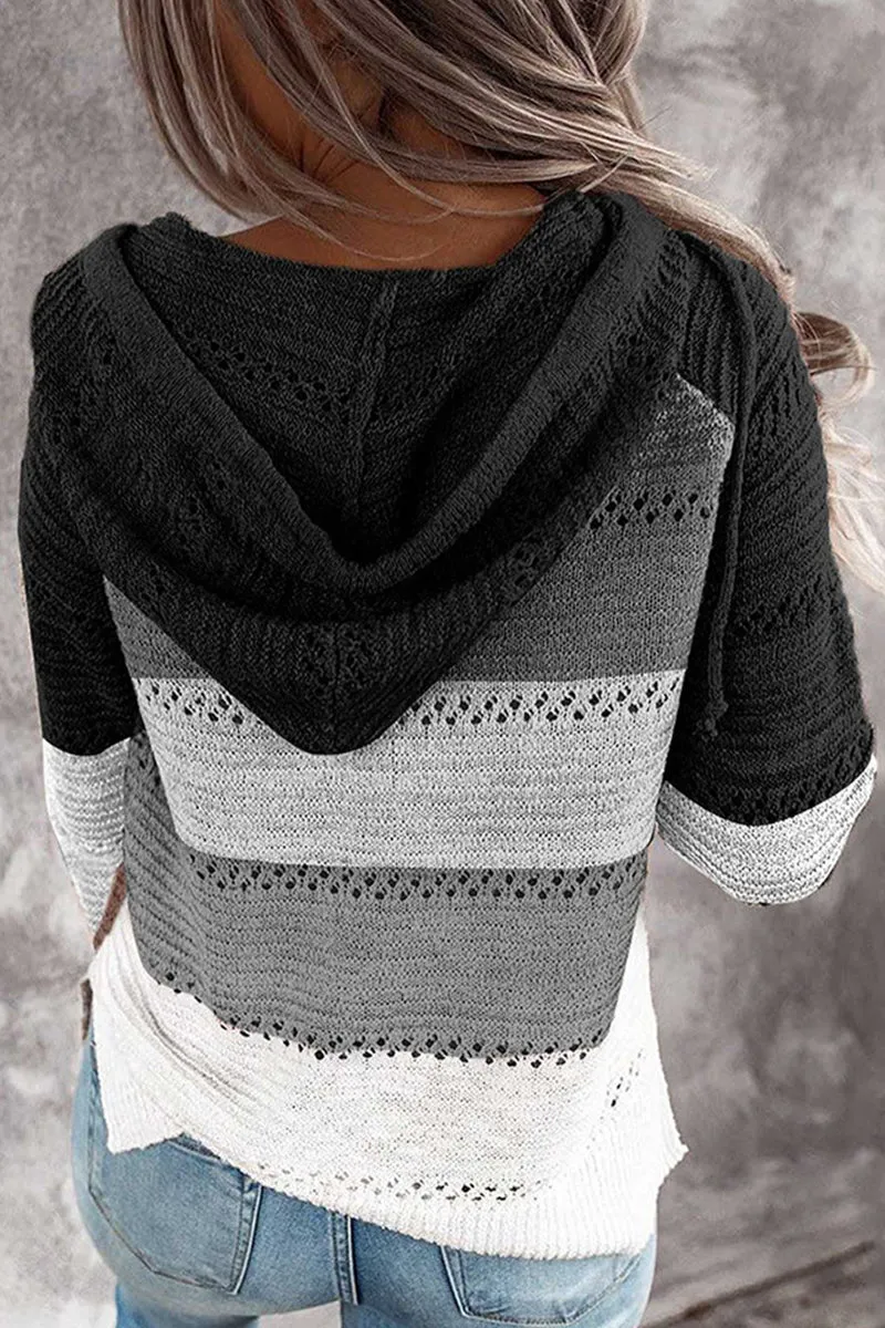 Wisherryy Fashion Hooded Leopard Stitched Knit Sweater