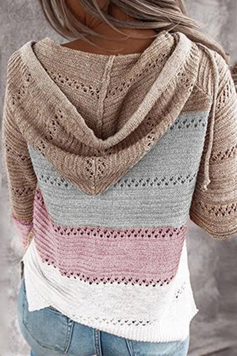 Wisherryy Fashion Hooded Leopard Stitched Knit Sweater