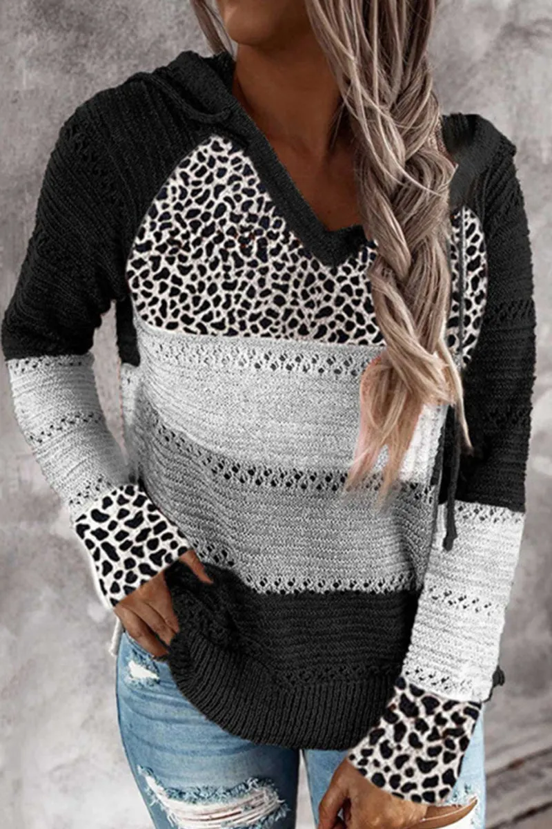 Wisherryy Fashion Hooded Leopard Stitched Knit Sweater