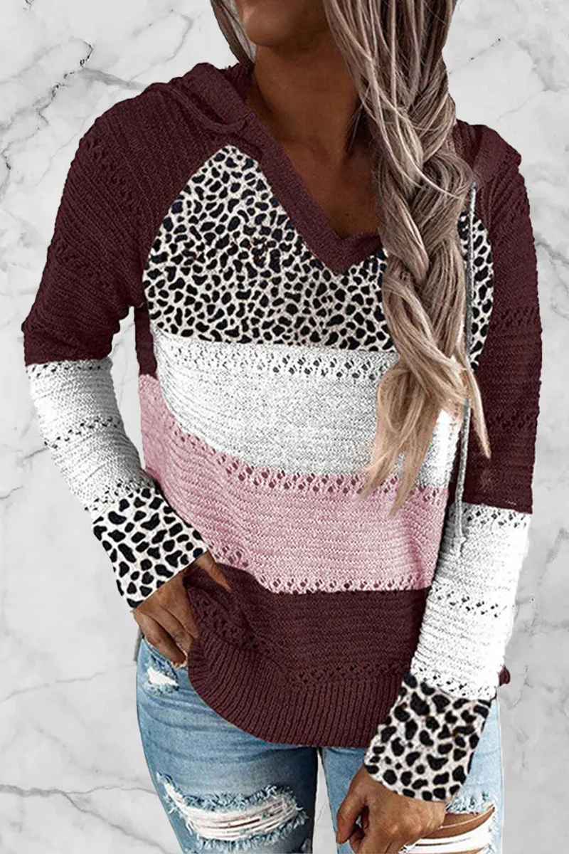 Wisherryy Fashion Hooded Leopard Stitched Knit Sweater