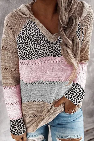 Wisherryy Fashion Hooded Leopard Stitched Knit Sweater