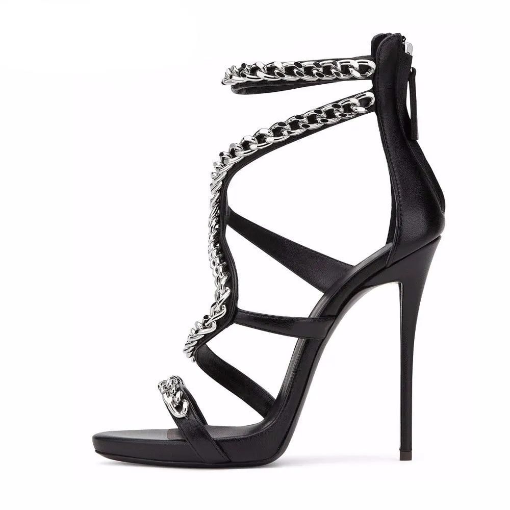 Women Sexy Red High Heel Sandals with Chain Black Strappy Extremely High Heels Ladies White Stiletto Summer Evening Dress Shoes