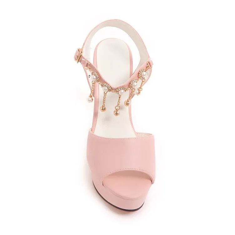 Women's Ankle Strap Chains Pearls High Heel Platform Sandals