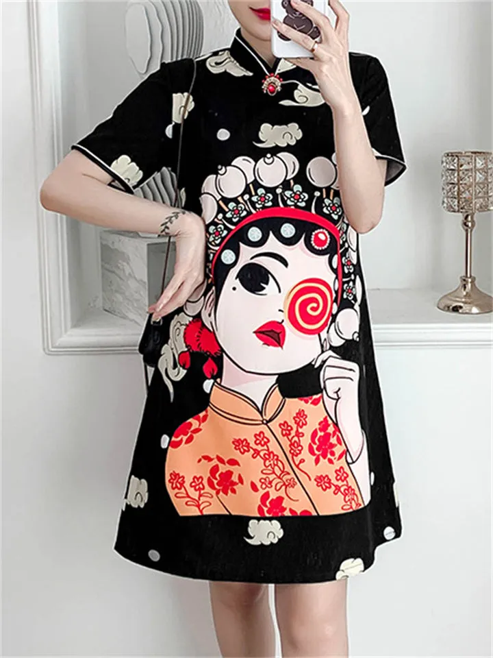 Women's Chinese Opera Cartoon Girl Print Dress