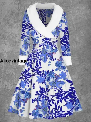 Women's Fashion Elegant Artistic Floral Print Long Sleeve V-Neck Fur Collar Midi Coat