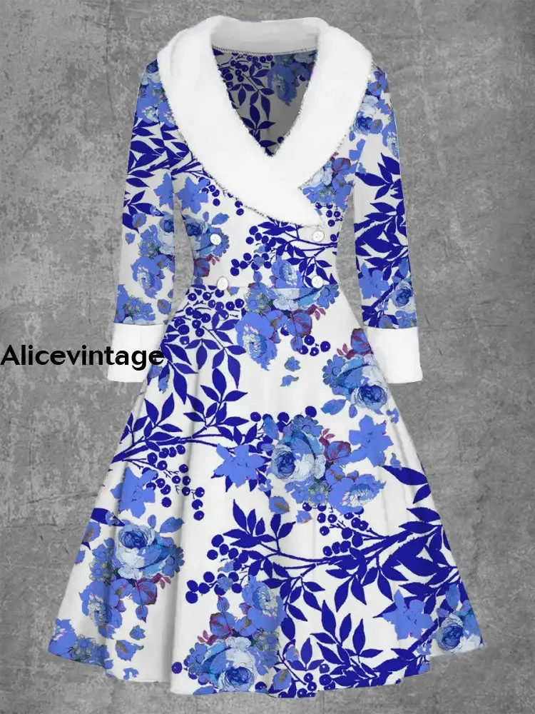 Women's Fashion Elegant Artistic Floral Print Long Sleeve V-Neck Fur Collar Midi Coat