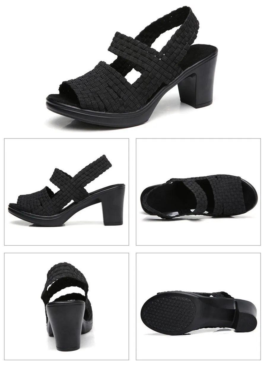 Women's Fashion Summer Heel Sandal Shoes - Black