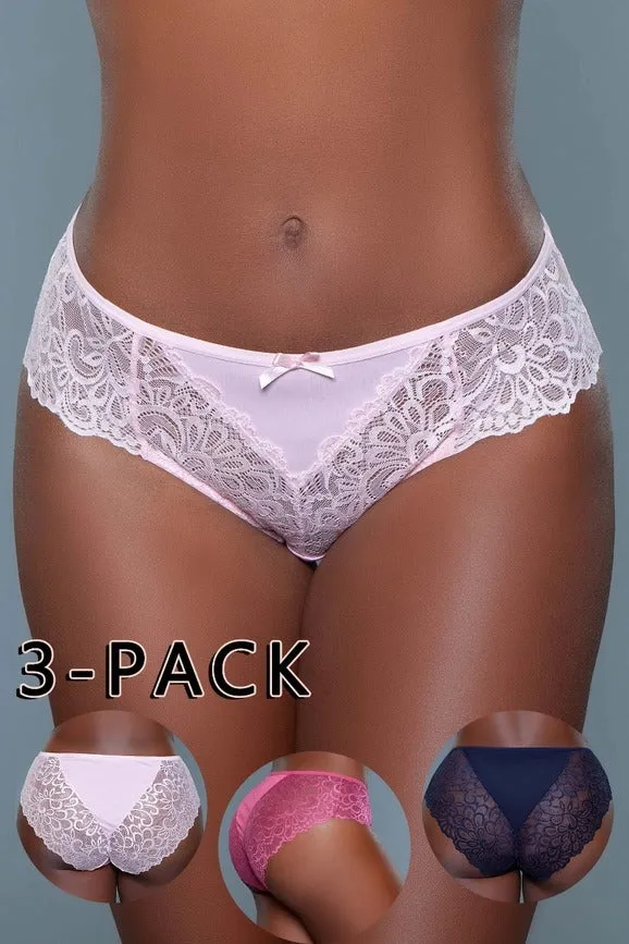 Women's Floral Lace Design High Rise Bow Detail Brief Panty (Pack of 3)