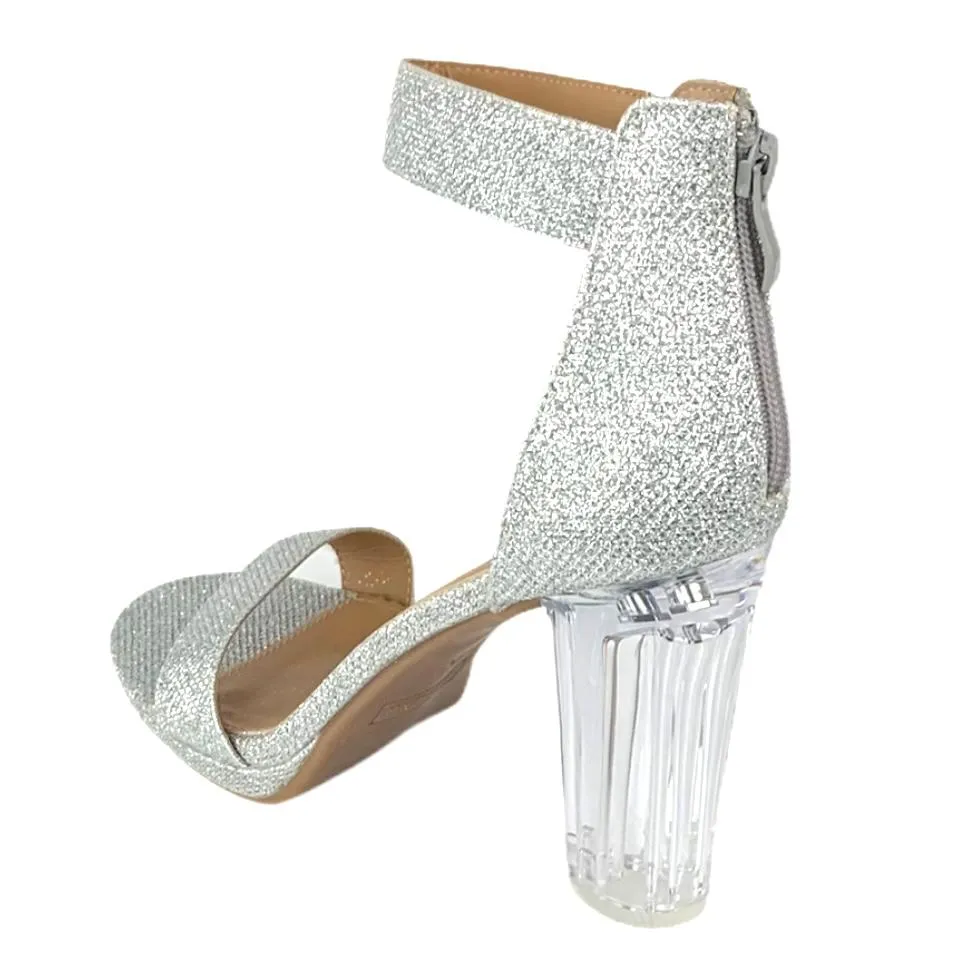 Women's Glitter Silver Block Heel Sandals