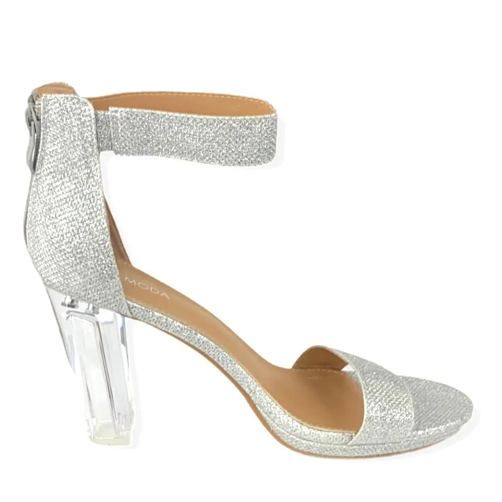 Women's Glitter Silver Block Heel Sandals