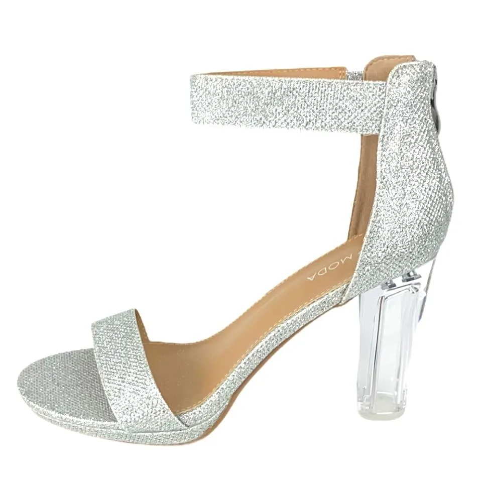Women's Glitter Silver Block Heel Sandals