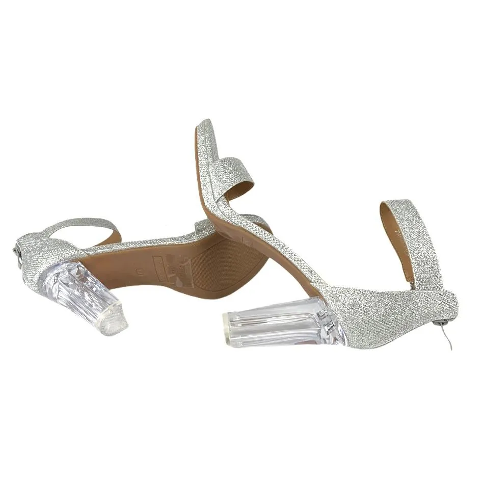 Women's Glitter Silver Block Heel Sandals