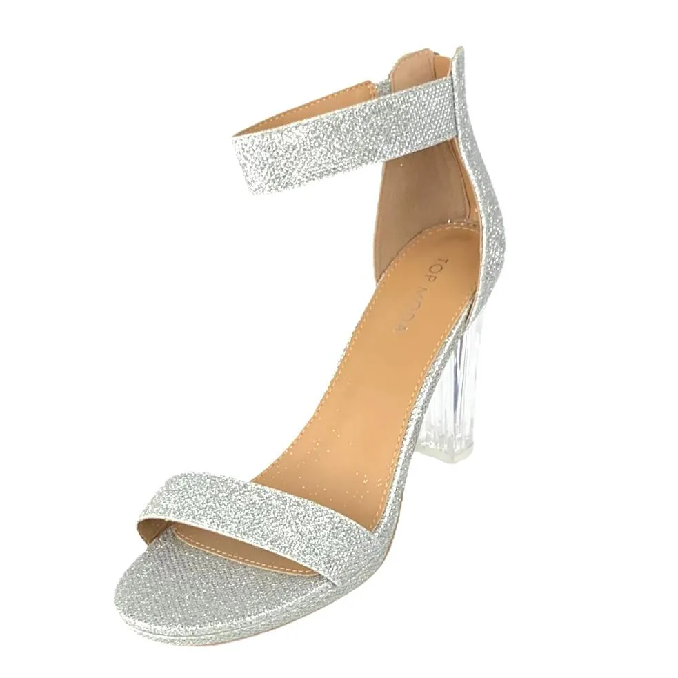 Women's Glitter Silver Block Heel Sandals