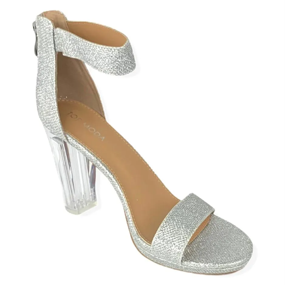 Women's Glitter Silver Block Heel Sandals