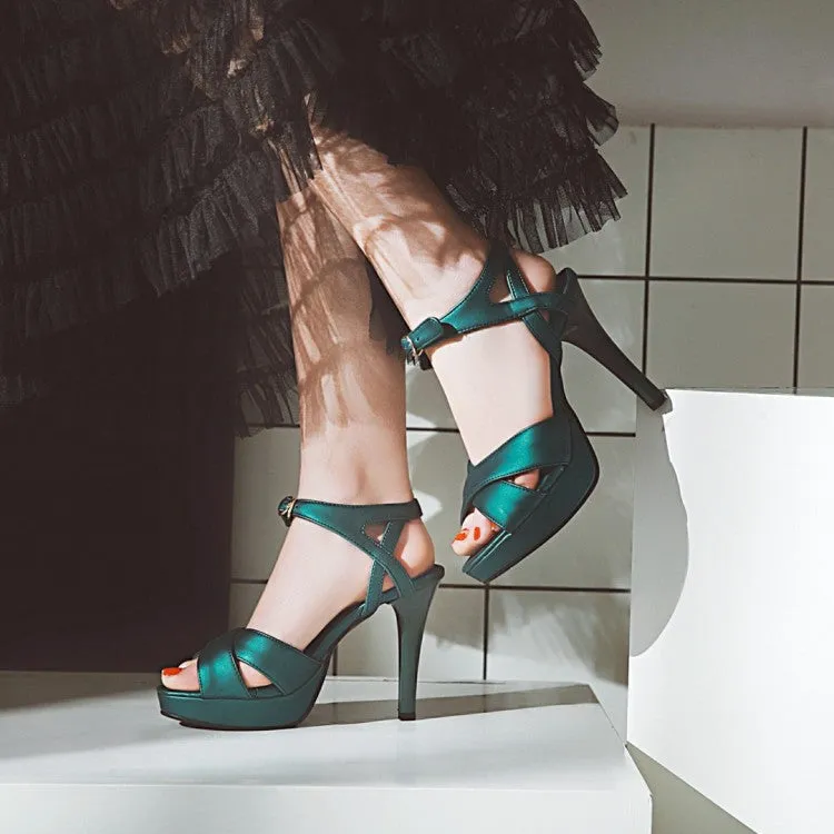Women's Glossy Round Toe Stiletto High Heel Platform Sandals
