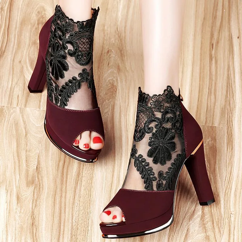 Women's High Quality Sexy Lace Dress High Heel Sandals Shoes