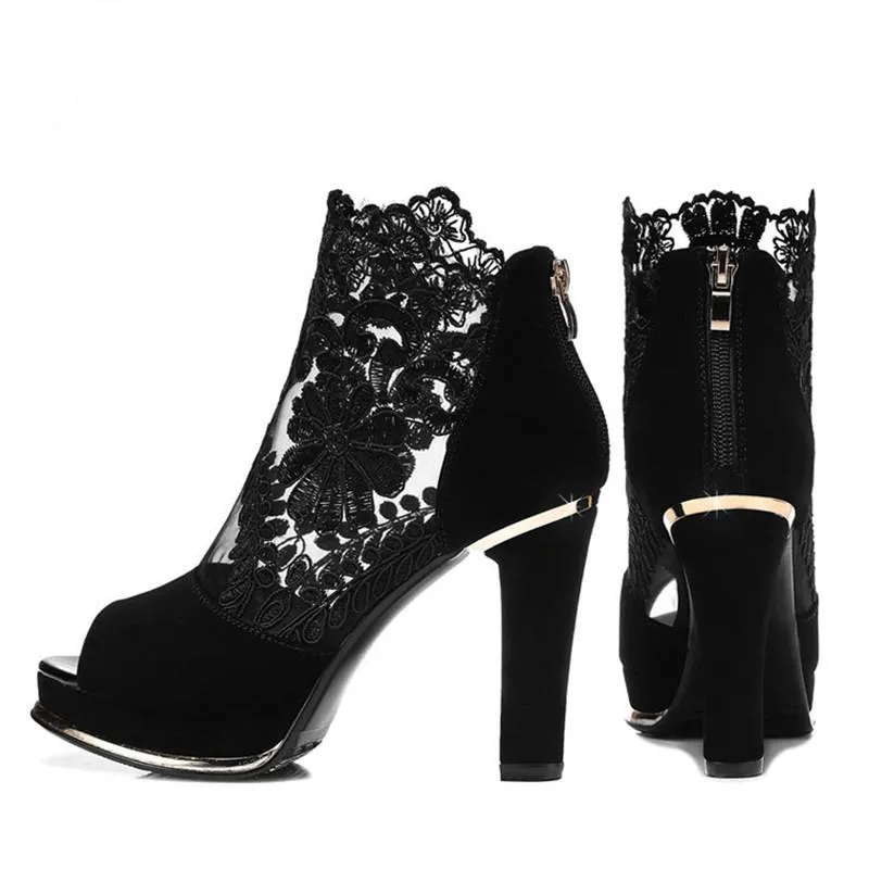 Women's High Quality Sexy Lace Dress High Heel Sandals Shoes